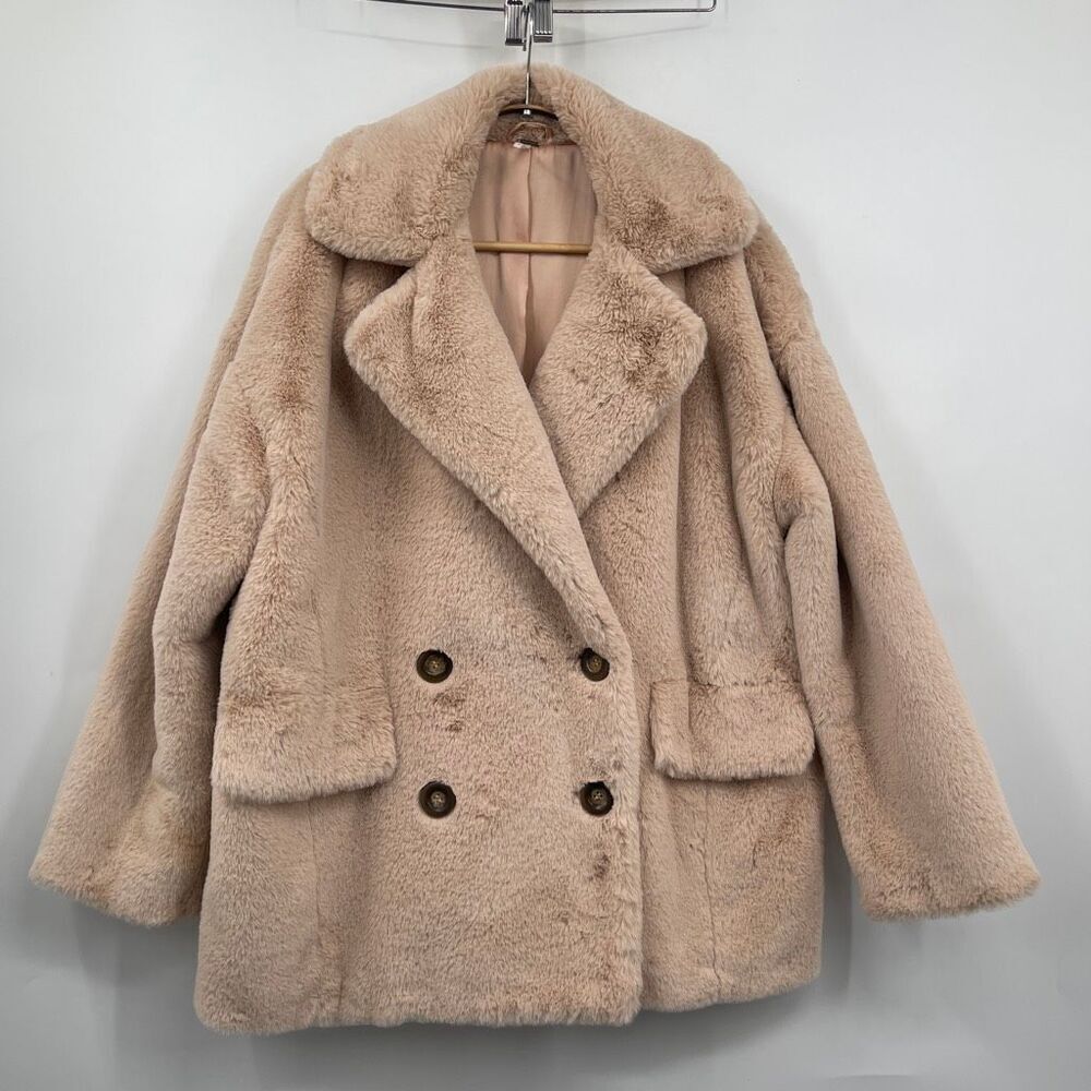 Free People Pink Beige Kate Faux-Fur Double Breasted Jacket Coat Size Medium